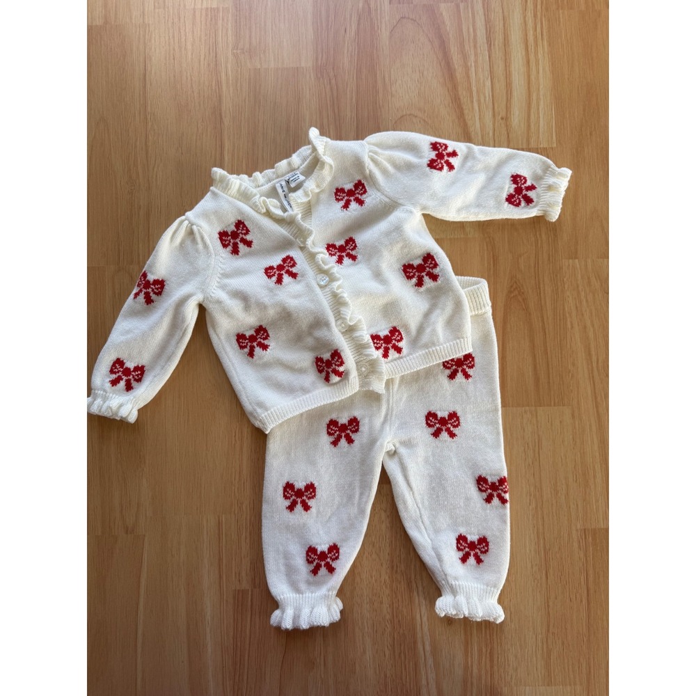 Janie and Jack Baby Girl Bow Cardigan Pants Set 0-3M Ivory Red Holiday Knit